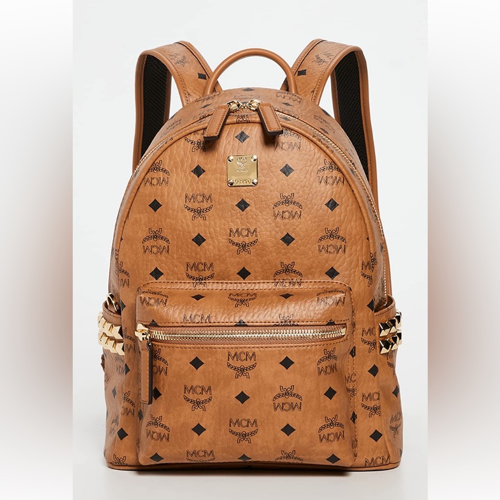 MCM Cognac Logo Visetos Backpack with Gold Hardware
